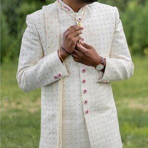 Men's Ivory Quilted Formal Sherwani with Pink Accent Buttons